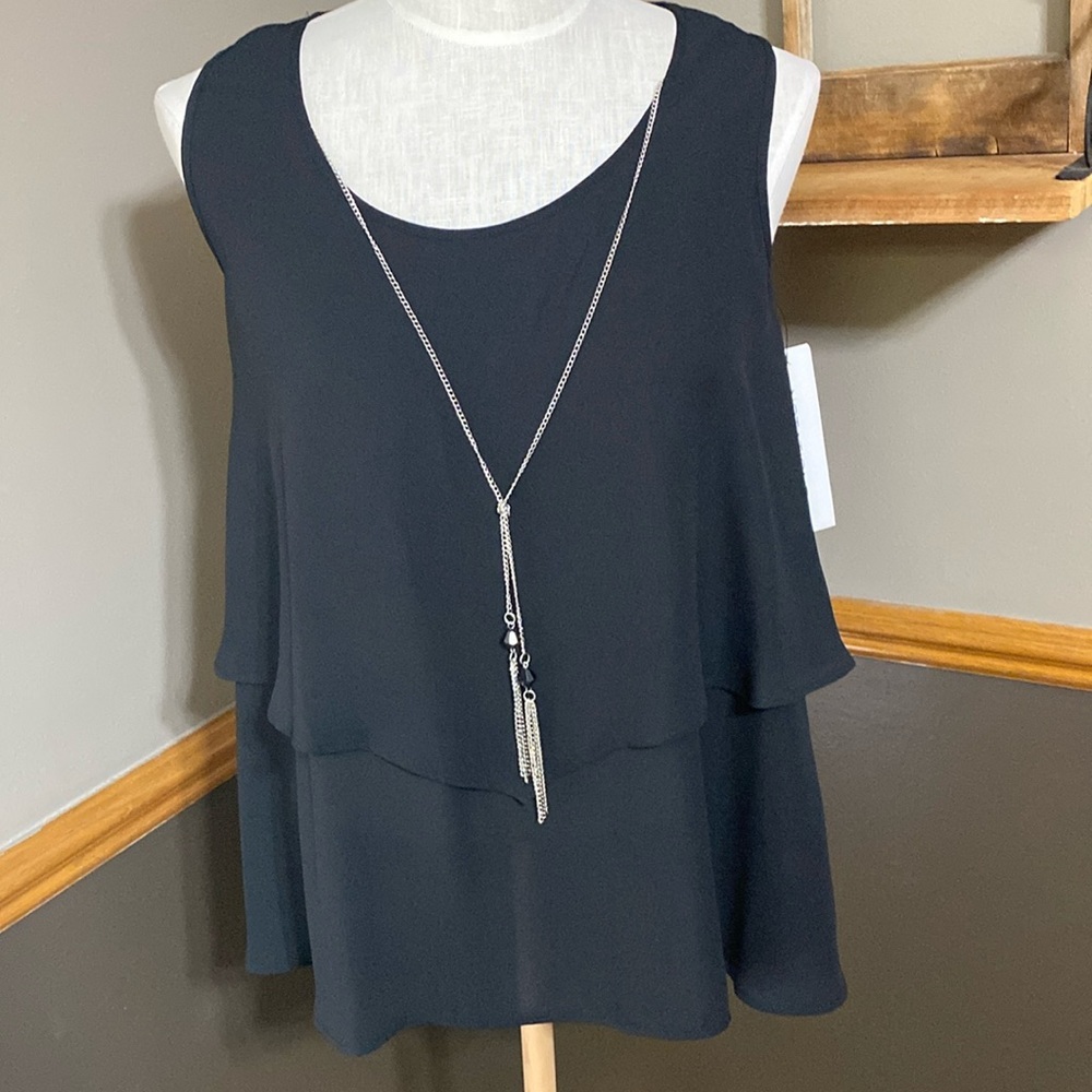 Notations black tiered Flowy tank top with necklace size small